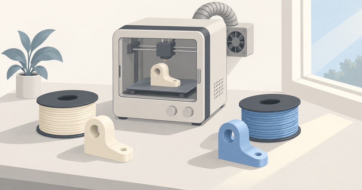 Enclosed 3D printer with an exhaust fan and duct printing a bracket, beside cream and blue filament spools and matching printed brackets on a sunlit desk.