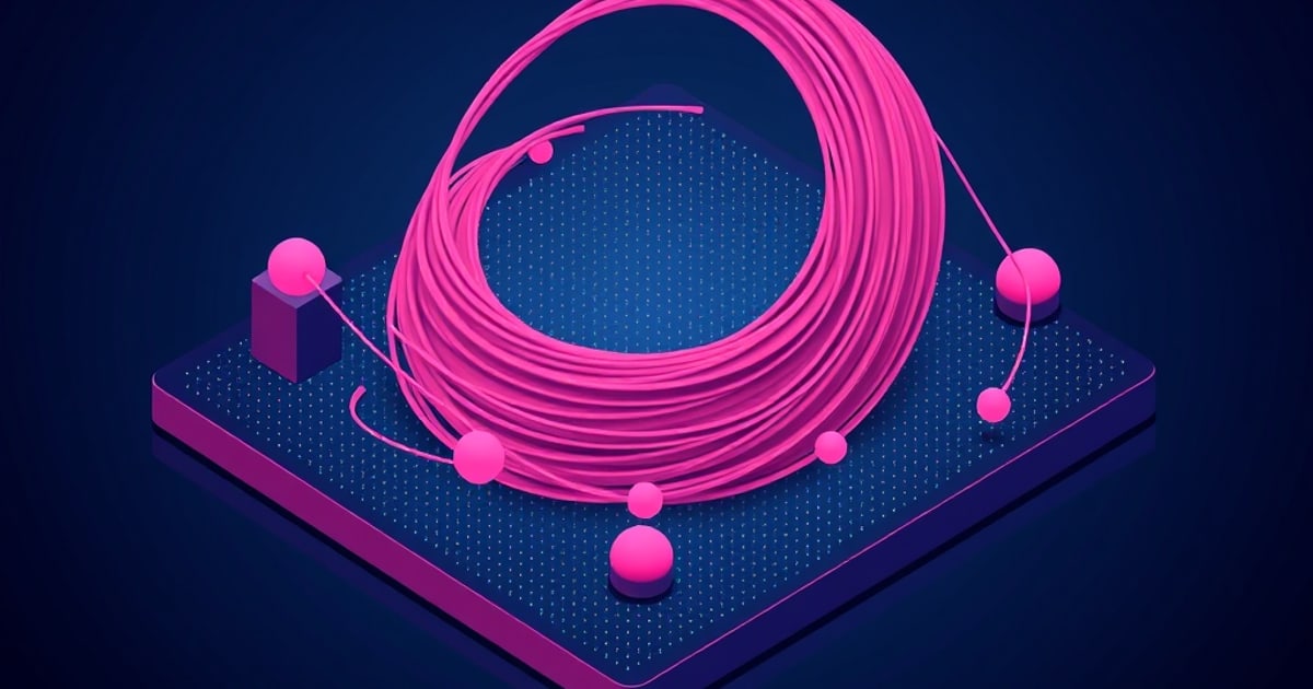 Flat isometric illustration of a large coil of pink filament resting on a dark blue platform, linked by thin lines to pink spheres and a small purple block.