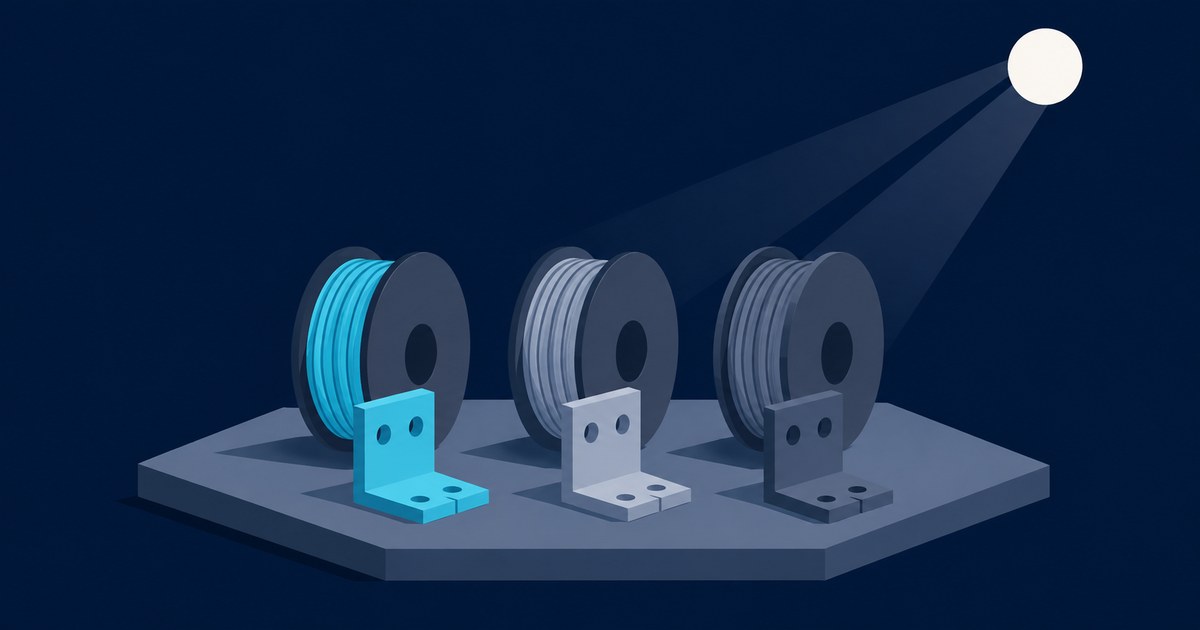 Three 3D-printing filament spools on metal brackets, with one cyan spool highlighted under spotlights in a dark blue scene.