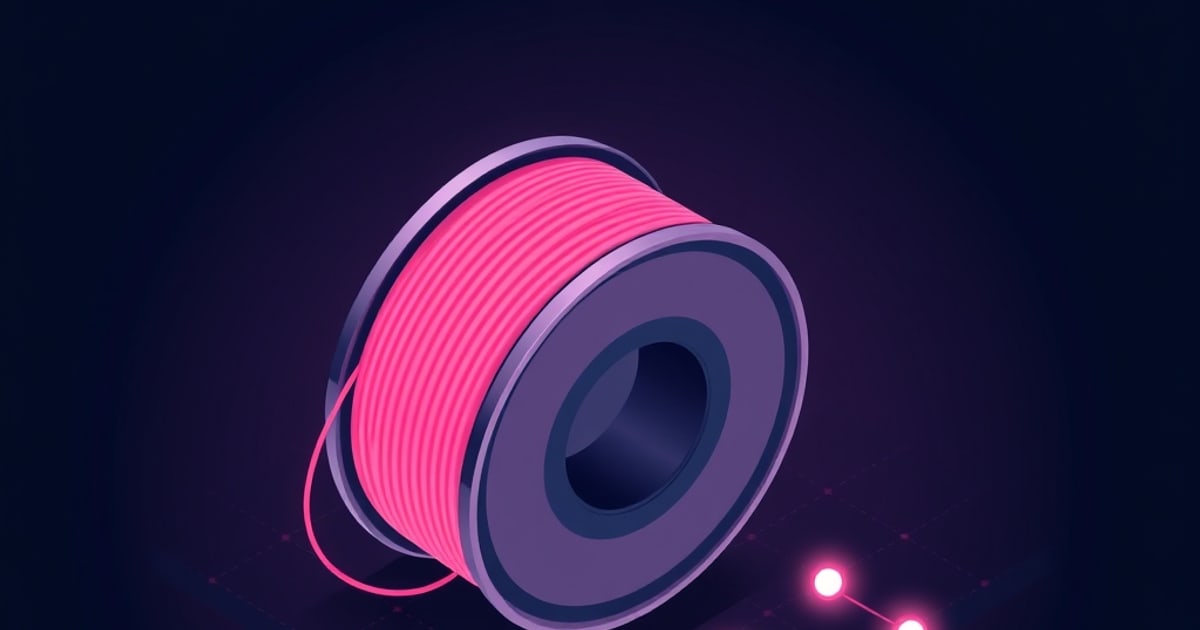 Flat isometric spool wound with bright pink filament on a dark purple background, a loose strand trailing left and two glowing pink nodes at lower right.