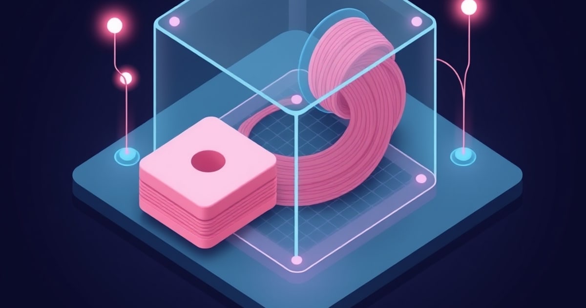 Flat isometric illustration of a pink filament coil inside a clear glass box on a tray, beside a stack of pink plates, with glowing pink and blue node lights.