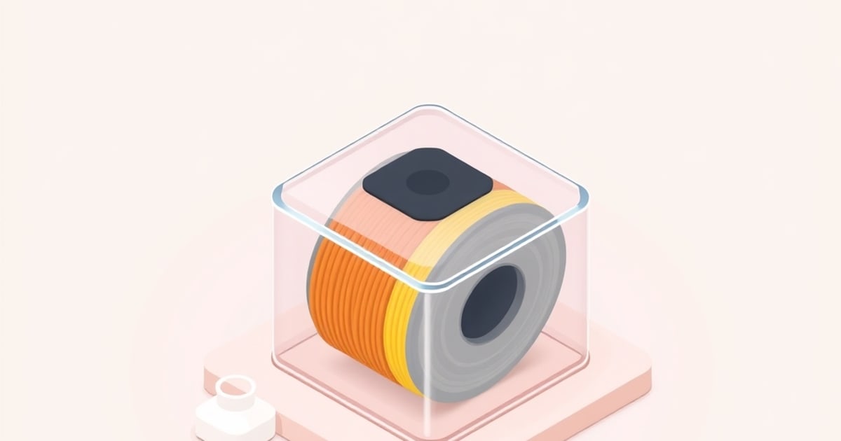 Isometric render of an orange and yellow 3D printer filament spool sealed inside a clear airtight box on a pink base, with a small white desiccant cup nearby