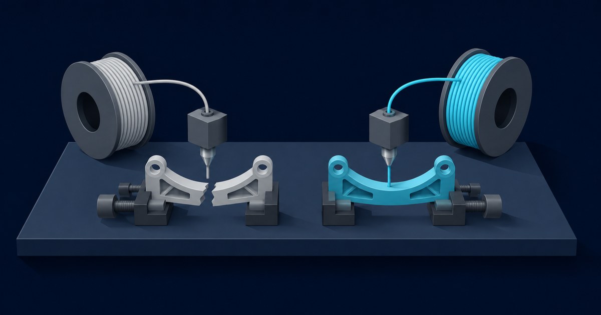 Gray and cyan filament spools feed two extrusion nozzles, contrasting a broken PLA bracket with an intact PLA Plus bracket.
