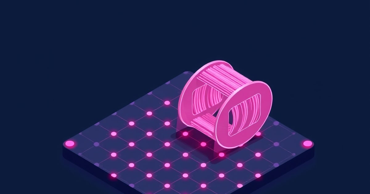 Flat isometric illustration of a magenta filament spool resting on a dark board dotted with glowing pink nodes.