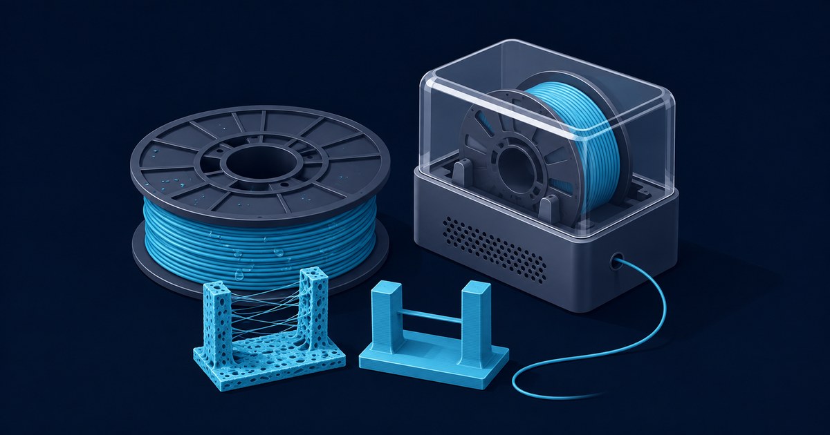 A blue filament spool, enclosed dryer, and two sample prints showing stringing and clean results on a dark studio background.