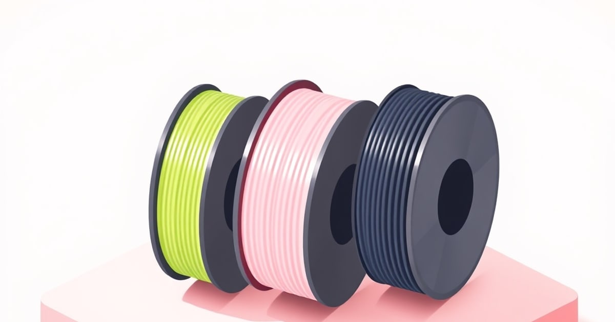 Three 3D printer filament spools in lime green, soft pink and navy blue lined up on a pink pedestal, a simple starter set against a white background